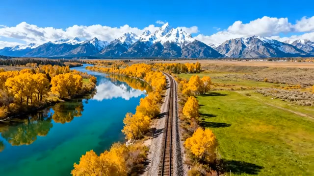  秋日铁轨与山水风光1795#横屏 	 - 