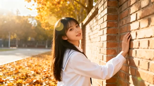  秋日校园少女靠墙微笑1797#横屏 	 