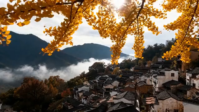  秋日古村云雾缭绕1783#横屏 	 