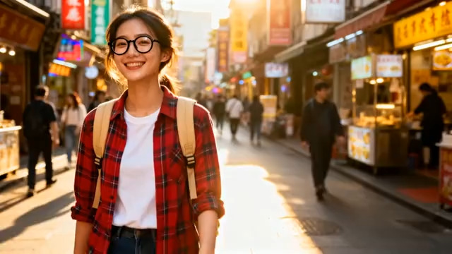  青春女孩逛老街笑容灿烂1724#横屏 	 