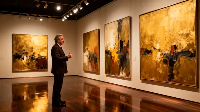  男子欣赏金色抽象画1632#横屏 	 