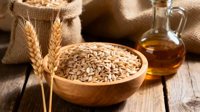  木碗中的麦粒与油瓶1601#横屏 	 