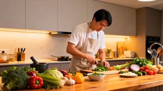  男厨师切菜备食材1608#横屏 	 