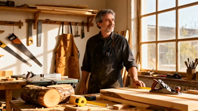  木匠师傅在工作室微笑1598#横屏 	 