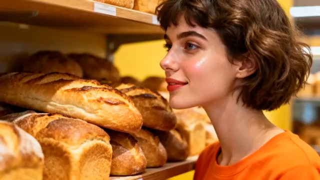  面包店微笑女孩挑选面包1575#横屏 	 