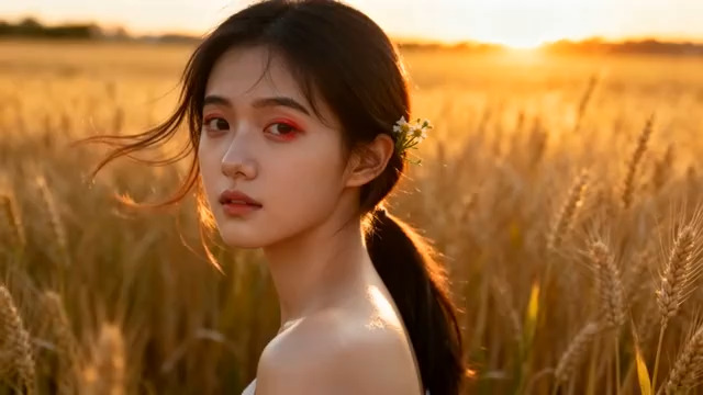  麦田夕阳少女写真1530#横屏 	 -