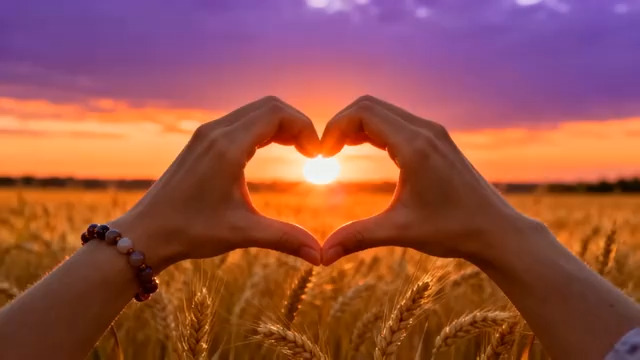  麦田日落爱心手势1528#横屏 	 