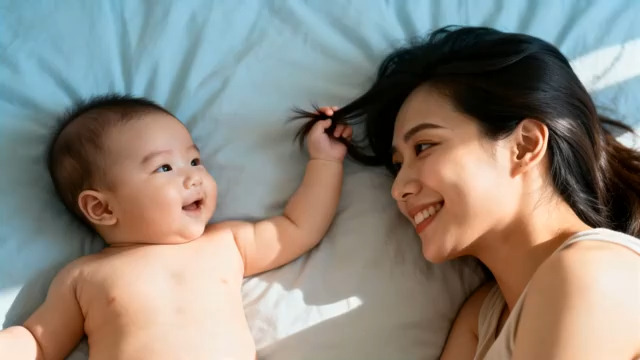  妈妈和宝宝床上互动1514#横屏 	 