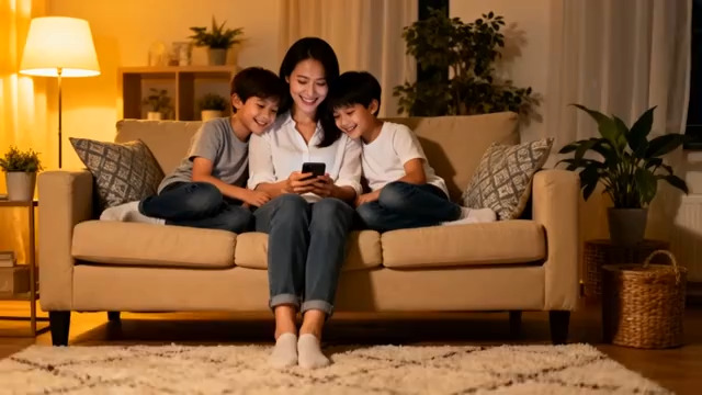  妈妈和双胞胎儿子看手机1516#横屏 	 