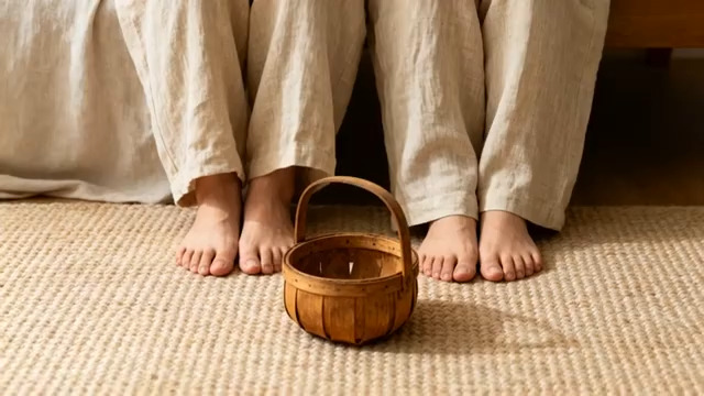  两人赤脚与木篮特写1473#横屏 	 