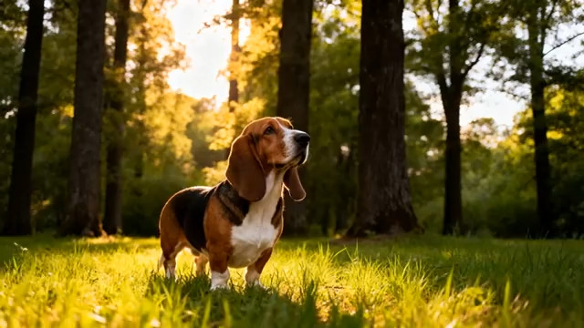  林间阳光里的巴吉度犬1477#横屏 	 