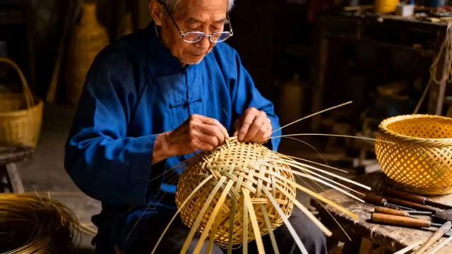  老手艺人编织竹篮1461#横屏 	 