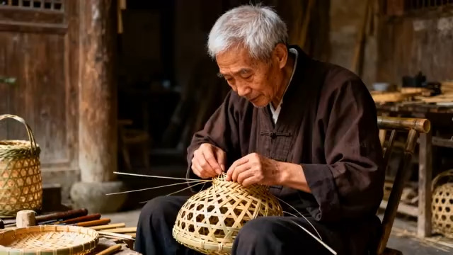  老手艺人编织竹艺1462#横屏 	 