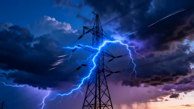  雷雨夜高压电塔剪影1467#横屏 	 -