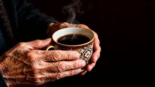  老人手捧热茶杯1448#横屏 	 