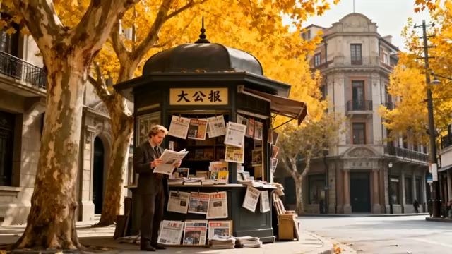  老上海报亭秋景1454#横屏 	 