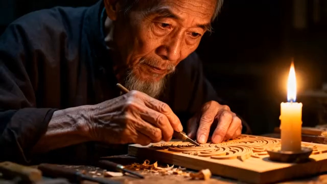  老匠人烛光下木雕1437#横屏 	 -