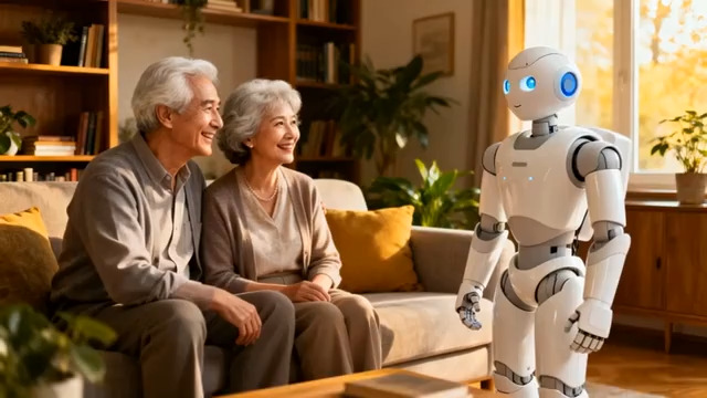  老年夫妇与服务机器人互动1440#横屏 	 