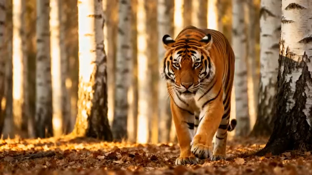  老虎漫步金色白桦林1432#横屏 	 