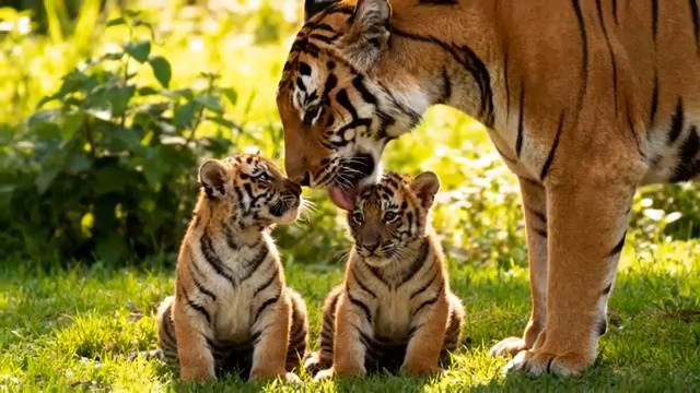  老虎妈妈与幼崽互动1431#横屏 	 