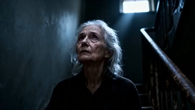  老妇人仰望楼梯间1422#横屏 	 