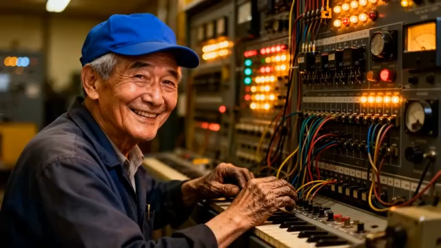  老工人操作机器设备1426#横屏 	 