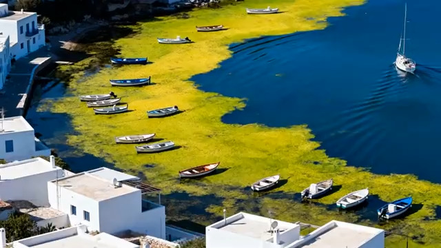  蓝绿海畔白房风光1375#横屏 	 