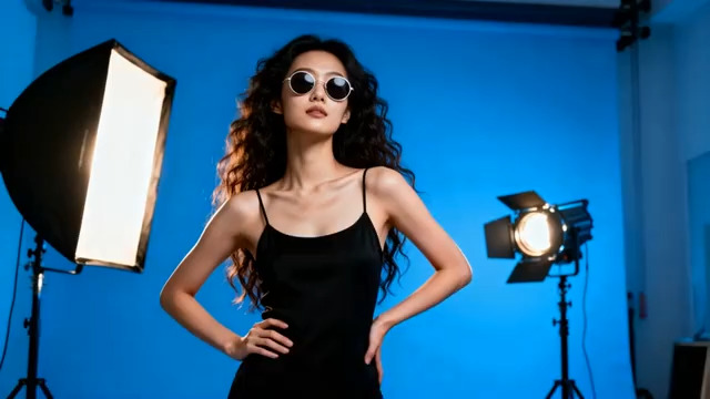  蓝背景时尚女性人像1373#横屏 	 