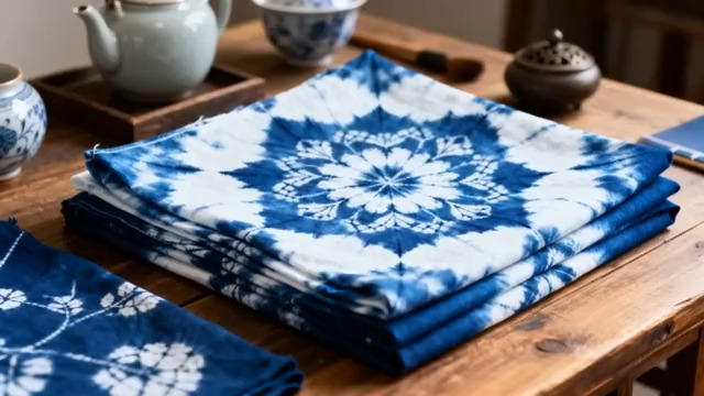  蓝白扎染桌布与茶具1372#横屏 	 - 