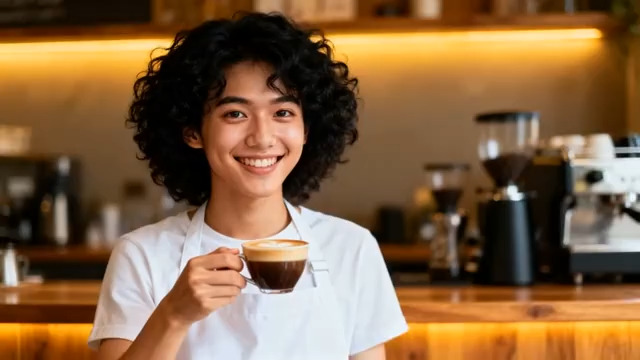  咖啡师手持咖啡微笑1297#横屏 	 