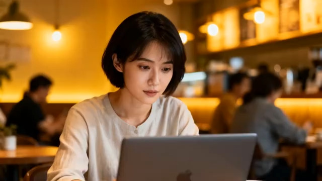  咖啡馆办公的年轻女性1293#横屏 	 - 