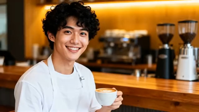  咖啡店男店员微笑递咖啡1290#横屏 	 