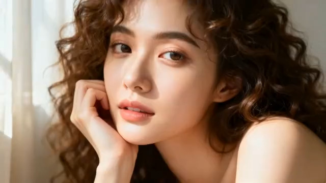  卷发女孩阳光微笑1281#横屏 	 