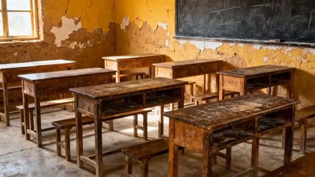  旧教室斑驳墙面课桌椅1268#横屏 	 