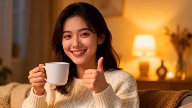  居家女子捧杯微笑1273#横屏 	 