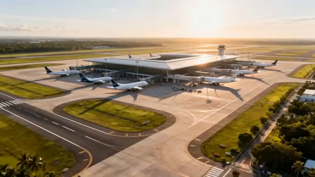  机场日出航拍全景1017#横屏 	 