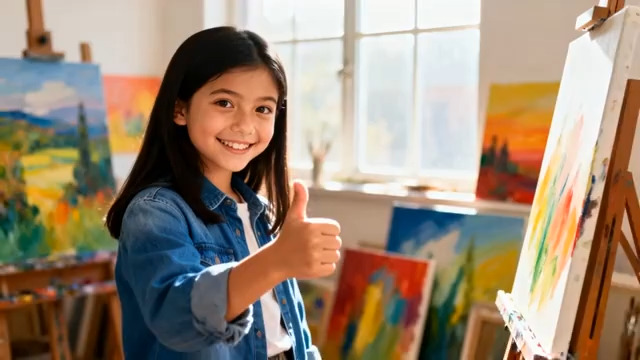  画室里的小女孩竖大拇指972#横屏 	 