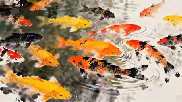  锦鲤游弋水墨画1213#横屏 	 