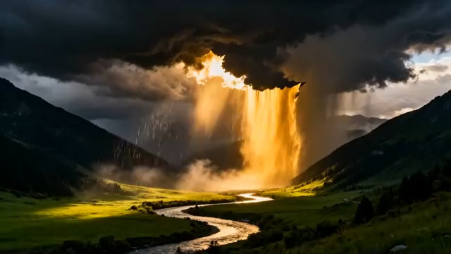  金色瀑布照耀山谷河流1169#横屏 	 