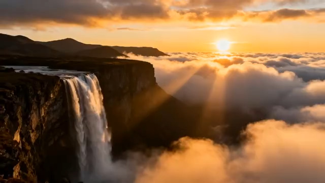  金色瀑布云海日出1168#横屏 	 