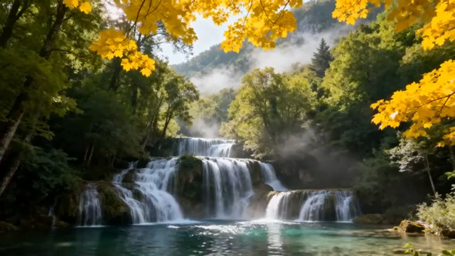  金秋瀑布流水美景1130#横屏 	 - 