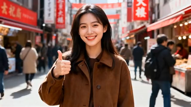  街头微笑女孩竖大拇指1108#横屏 	 