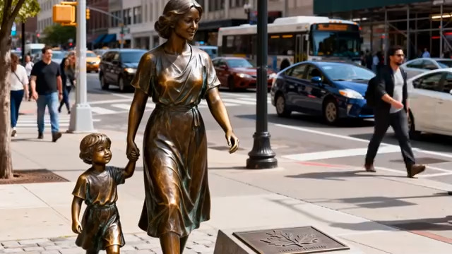  街头母子铜像与城市车流1107#横屏 	 