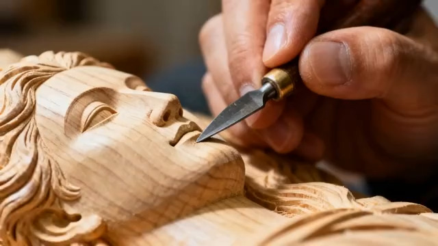  匠人雕刻木头像特写1093#横屏 	 -