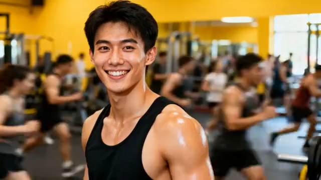  健身房微笑肌肉男特写1079#横屏 	 