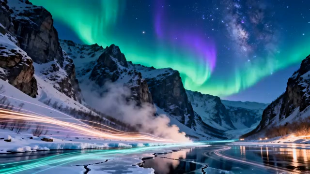  极光下的雪山夜景1050#横屏 	 