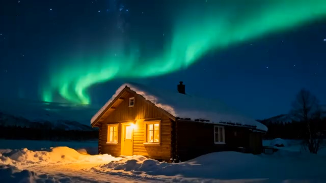  极光下的雪中小屋1051#横屏 	 