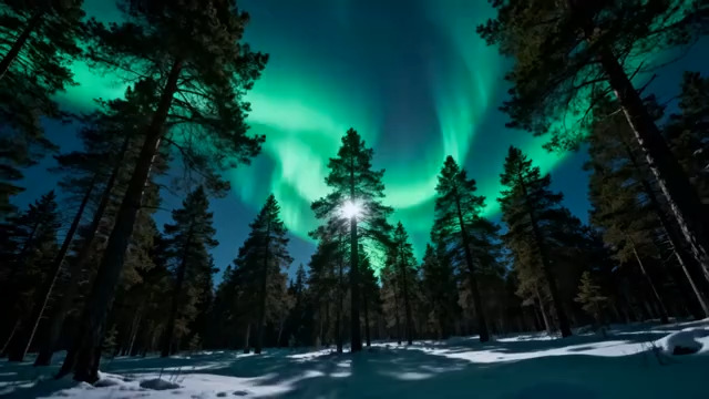  极光下的冬季森林1043#横屏 	 