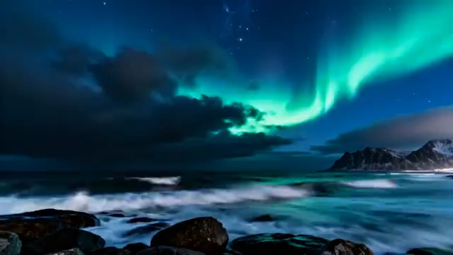  极光下的海岸夜景1044#横屏 	 