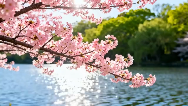  湖边盛开的粉色樱花946#横屏 	 -